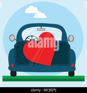 Big red heart on the blue car. Stock Vector