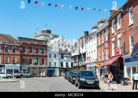 Market Place showing Romsey Abbey tower, Romsey, Hampshire, England, United Kingdom Stock Photo