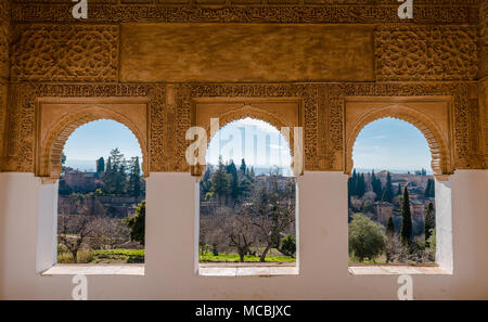 View through archway, Summer Palace Generalife, Palacio de Generalife, Granada, Andalusia, Spain Stock Photo