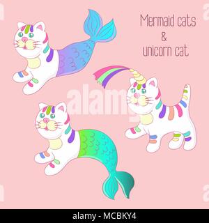 Cute mermaid cats purrmaid and trendy unicorn cat with rainbow horn. Cartoon style characters set Stock Vector