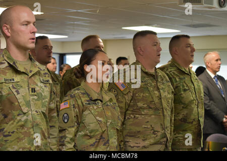 Army Maj. Terri Rae Lopez-Homestead stands among the nine 100th Missile Defense Brigade (GMD) Soldiers who were honored during a Dec. 5, 2017, graduation ceremony at 100th MDB Headquarters in Colorado Springs, Colo., to recognize their successful completion of the Ground-based Midcourse Defense Fire Control Operator Qualification Course (GQC). Homestead is now serving as the first female tactical crew director of a missile defense crew at Fort Greely, Alaska. Stock Photo