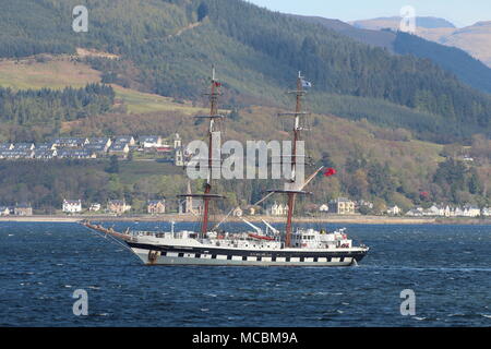 Stavros S Niarchos, a square-rigged vessel operated by the Tall Ships Youth Trust, passing Gourock on the Firth of Clyde, Scotland. Stock Photo