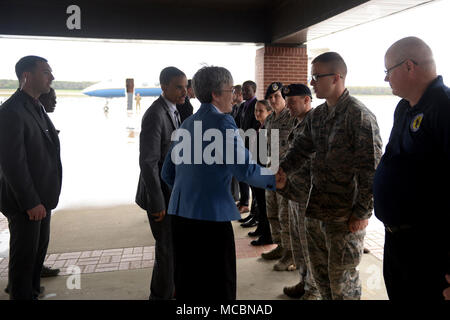 Secretary of the Air Force Heather Wilson engages with leadership and Airmen during her base visit to Little Rock Air Force Base, Ark., March 27, 2018. Wilson spent time meeting Airmen assigned to the Air Force’s largest C-130 base in the world. Stock Photo