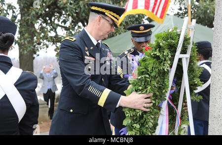 Brig. Gen. Jeffrey W. Drushal, commandant, and Sgt. Maj. Eddie R. Camp, proponent sergeant major, both with U.S. Army Transportation School place a wreath Mar. 29 at the base of President John Tyler gravesite, Hollywood Cemetery, Richmond, Va., during a ceremony commemorating the birthday of the 10th U.S. President. U.S. Army Combined Arms Support Command and the U.S. Army were designated by the White House to conduct the wreath laying for Tyler who was born in 1790 in Charles City County, Virginia. Stock Photo