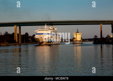 Various vessels on transit through the Kiel canal from the locks at Brunsbuttel through to Kiel Stock Photo