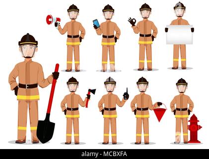 Firefighter in professional uniform and safe helmet, set. Fireman cartoon character. Vector illustration on white background. Stock Vector