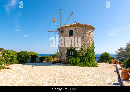 Traditional Greek old windmill on Skinari cape. Zakynthos island, Greece Stock Photo