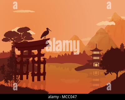 Traditional Japanese landscape. Stock Vector