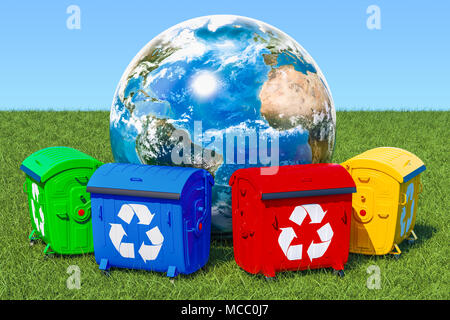 Garbage containers around Earth Globe in green grass against blue sky, 3d rendering Stock Photo