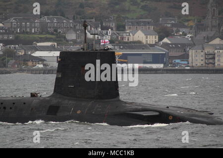 HMS Victorious (S29), a Vanguard-class submarine operated by the Royal Navy, passing Gourock on an inbound journey to the Faslane naval base. Stock Photo