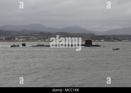 HMS Victorious (S29), a Vanguard-class submarine operated by the Royal Navy, passing Gourock on an inbound journey to the Faslane naval base. Stock Photo