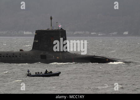 HMS Victorious (S29), a Vanguard-class submarine operated by the Royal Navy, passing Gourock on an inbound journey to the Faslane naval base. Stock Photo