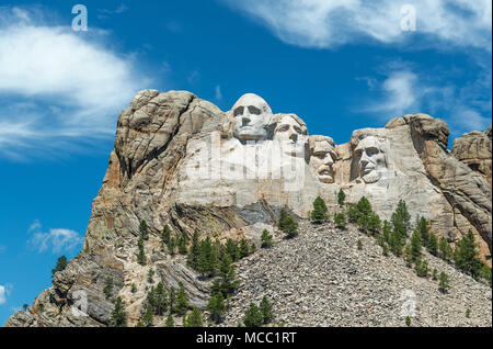 Complete wide angle view of Mount Rushmore national monument with the surrounding forest and nature near Rapid City in South Dakota, USA. Stock Photo