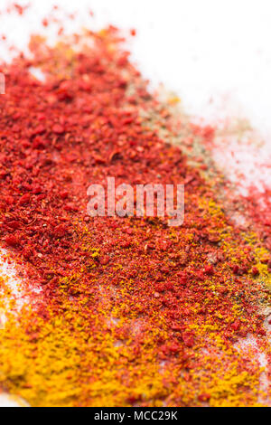 Different Kinds of Oriental Spices Ground Red Paprika Hot Chili Pepper Turmeric Curry Spilled on White Background. Creative Conceptual Image. Poster S Stock Photo