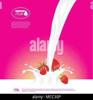 Realistic vector glass to pour milk splash with strawberry. Empty milk advertisement or banner template for your design. Stock Vector