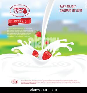 Realistic vector glass to pour milk splash with strawberry. Empty milk advertisement or banner template for your design. Stock Vector