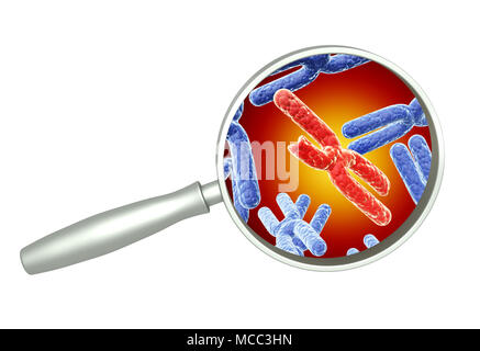 Magnifying glass and red and blue X chromosome. Isolated on white background. 3d render Stock Photo