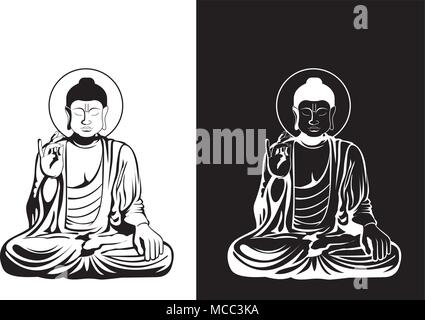 Buddha Vector illustration.Buddha and God of happiness isolated on black and white,Sitting  Buddha Black and white Drawing ,image of the Buddha. Stock Vector