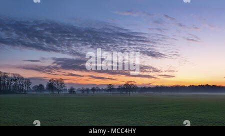 Dramatic colored clouds above a meadow at twilight, The Netherlands Stock Photo