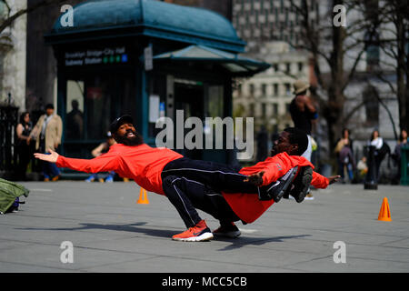 Street performers near City Hall, New York City, April 2018. Stock Photo