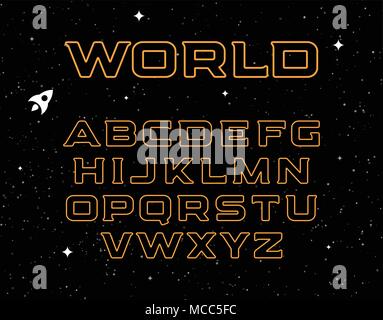 Isolated yellow color alphabet elements on black space background. Graphic illustration of cosmic font and night sky with stars. Bold abc letters set. Stock Vector