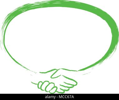 Oval speech bubble with integrated handshake - hand drawn isolated vector icon. Business agreement symbol sign isolated on white background Stock Vector