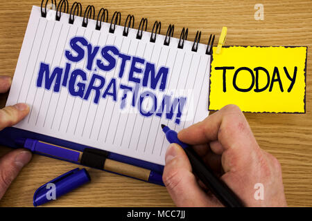 Word writing text System Migration Motivational Call. Business concept for Moving programs to another platform written by Marker in Hand Notebook wood Stock Photo