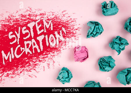Writing note showing  System Migration Motivational Call. Business photo showcasing Moving programs to another platform written Illustrated background Stock Photo
