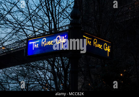 Lighted sign outside The River Cafe in DUMBO Brooklyn in NYC Stock Photo