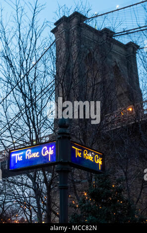 Lighted sign outside The River Cafe in DUMBO Brooklyn in NYC Stock Photo