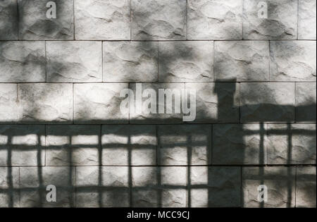 Abstract background of textured stone wall with shadows of trees and fence on it. Stock Photo