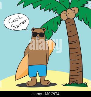 Design of cute bear cartoon surfer summer concept with coconut tree and sand background. Stock Vector