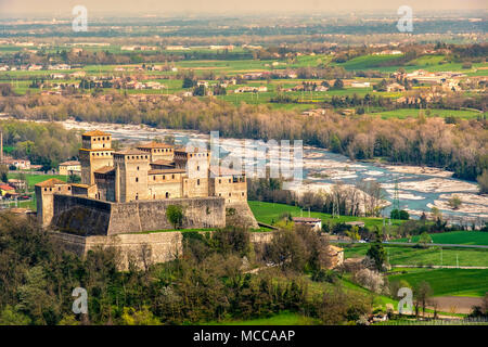 Parma Italy Torrechiara castle aerial view of Castello di Torrechiara in Emilia Romagna panorama Italian Castles Stock Photo