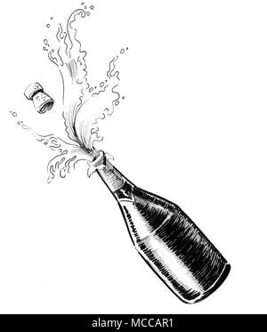 Opening a Champagne bottle. Ink black and white drawing Stock Photo