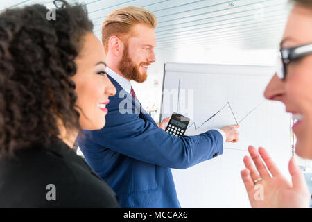Business people analyze graph at whiteboard Stock Photo