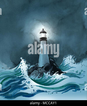 Mccay Lighthouse Watercolor lighthouse illustration in the night. Hand drawn cover of ...
