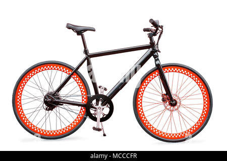 Black electric bike with red wheels. Side view. Isolated on white, clipping path included Stock Photo