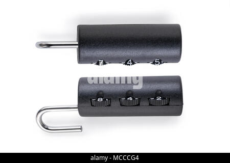 Two views of small black code padlock. Isolated on white, clipping path included Stock Photo