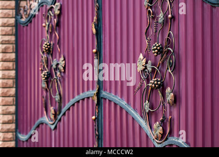 Forged bunch of grapes. ornate wrought-iron elements of metal gate decoration. Stock Photo