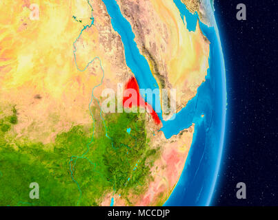 Country of Eritrea in red on planet Earth. 3D illustration. Elements of this image furnished by NASA. Stock Photo