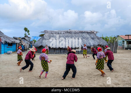 Guna Yala, Panama - march 2018: Traditional dance of kuna people in village, San Blas Islands. Kuna are the indigenous people of Panama and Colombia Stock Photo