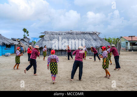 Guna Yala, Panama - march 2018: Traditional dance of kuna people in village, San Blas Islands. Kuna are the indigenous people of Panama and Colombia Stock Photo
