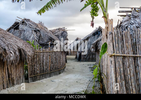 Guna Yala, Panama - march 2018: Rural thatch houses and street in traditional Kuna Village, San Blas Islands Stock Photo