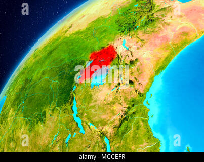 Orbit view of Uganda highlighted in red on planet Earth. 3D illustration. Elements of this image furnished by NASA. Stock Photo