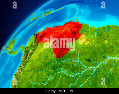 Orbit view of Venezuela highlighted in red on planet Earth. 3D illustration. Elements of this image furnished by NASA. Stock Photo