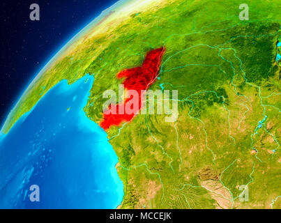 Orbit view of Congo highlighted in red on planet Earth. 3D illustration. Elements of this image furnished by NASA. Stock Photo