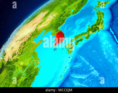 Satellite view of South Korea highlighted in red on planet Earth at ...