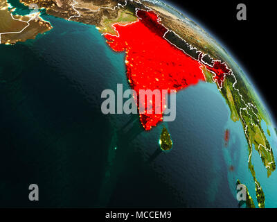 Early morning view of India highlighted in red on planet Earth with visible border lines and city lights. 3D illustration. Elements of this image furn Stock Photo