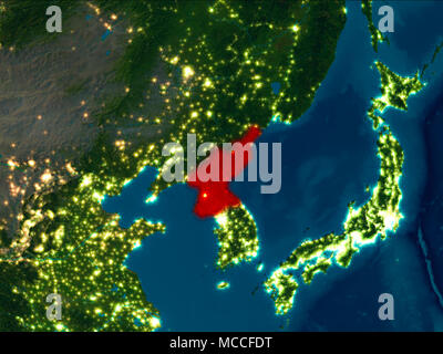 Satellite night view of North Korea highlighted in red on planet Earth. 3D illustration. Elements of this image furnished by NASA. Stock Photo