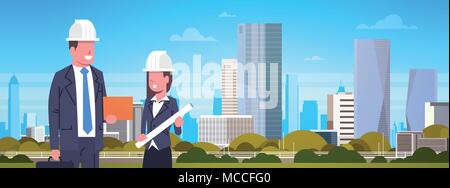 Construction Workers Team Over Modern City Background Horizontal